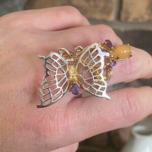 Sterling Silver Purple Amethyst Butterfly Statement Ring Size 8